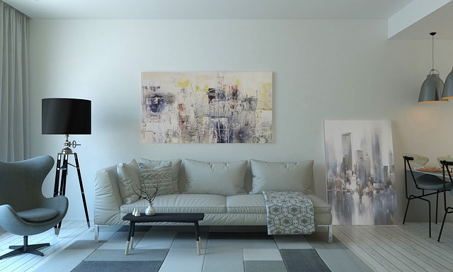 Modern interior design featuring a terracotta accent wall with geometric patterns, contrasting with minimalist furniture